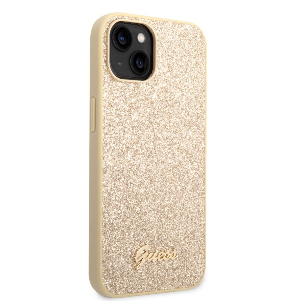 Guess Glitter Flakes Case with Ikonik Patch and Vintage Script Logo Θήκη προστασίας από σιλικόνη – iPhone 14 Plus (Glitter Gold) #GUHCP14MHGGSHD