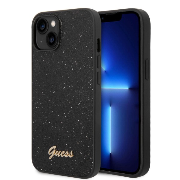 Guess Glitter Flakes Case with Ikonik Patch and Vintage Script Logo Θήκη προστασίας από σιλικόνη – iPhone 14 Plus (Glitter Black) #GUHCP14MHGGSHK