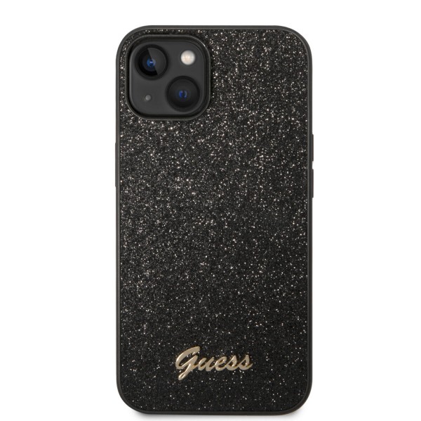 Guess Glitter Flakes Case with Ikonik Patch and Vintage Script Logo Θήκη προστασίας από σιλικόνη – iPhone 14 Plus (Glitter Black) #GUHCP14MHGGSHK