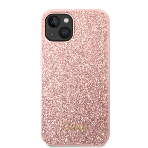 Guess Glitter Flakes Case with Ikonik Patch and Vintage Script Logo Θήκη προστασίας από σιλικόνη – iPhone 14 Plus  (Glitter Pink)