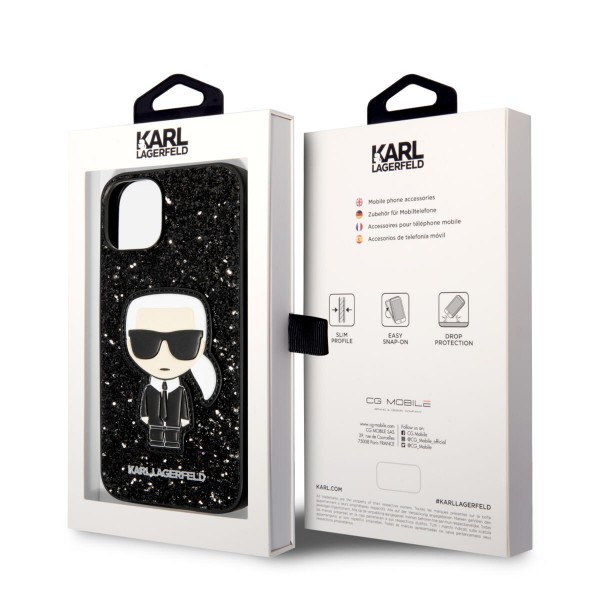 Karl Lagerfeld Glitter Flakes Case with Ikonik Patch and Metal Logo Θήκη προστασίας από σιλικόνη – iPhone 14 (Glitter Black)