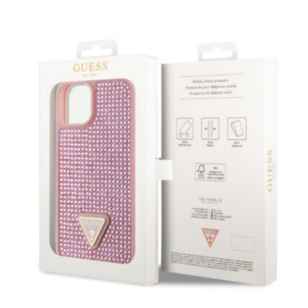 Guess “Rhinestones Triangle Metal Logo Collection” Θήκη προστασίας για iPhone 14 Ροζ #GUHCP14SHDGTPP