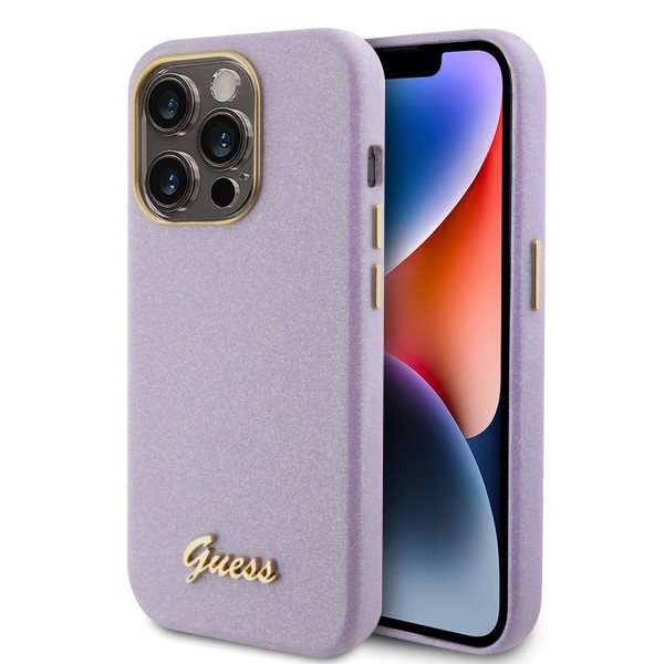 Guess Glitter Full Wrapped Glossy Case with Vintage Script Logo Θήκη προστασίας από σιλικόνη – iPhone 15 Pro Glitter Lilac #GUHCP15LPGMCSL