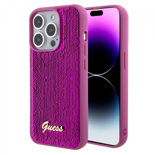 Guess “Sequin Script Metal” Hard Case iPhone 15 Pro Fuchsia #GUHCP15LPSFDGSF