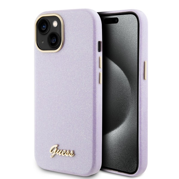 Guess Glitter Full Wrapped Glossy Case with Vintage Script Logo Θήκη προστασίας από σιλικόνη – iPhone 15 Glitter Lilac #GUHCP15SPGMCSL