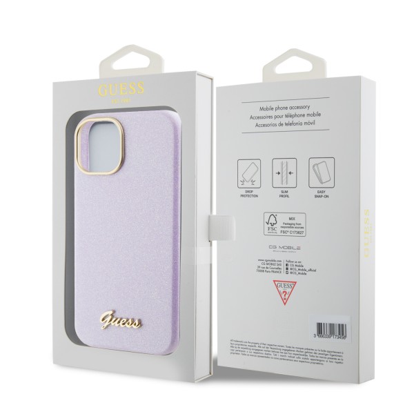 Guess Glitter Full Wrapped Glossy Case with Vintage Script Logo Θήκη προστασίας από σιλικόνη – iPhone 15 Glitter Lilac #GUHCP15SPGMCSL