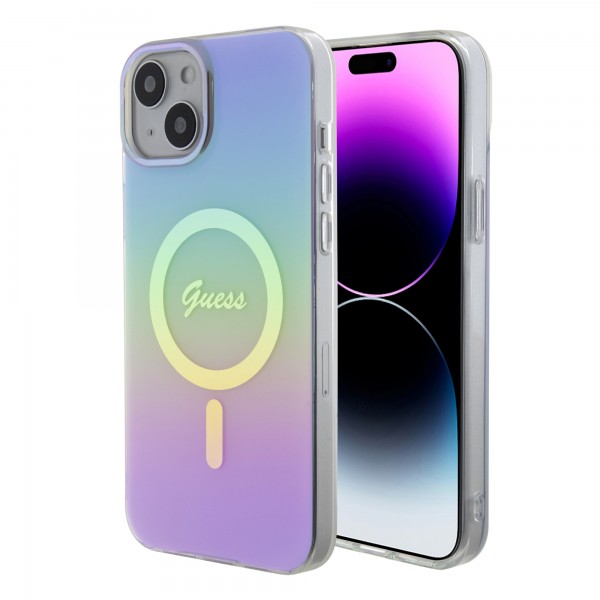 Guess Iridescent Magsafe Case Πολύχρωμη θήκη προστασίας από σκληρό πλαστικό – iPhone 15 Rainbow Purple #GUHMP15SHITSU