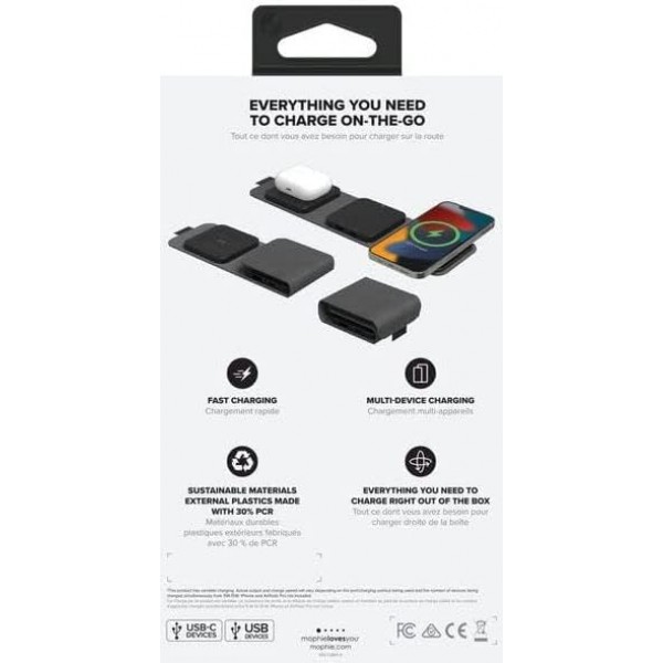 Mophie 3-in-1 Snap+ Travel Charger with Snap Adapter Μαγνητικός πολυφορτιστής ταξιδίου ισχύος 15W σε χρώμα μαύρο/γκρι