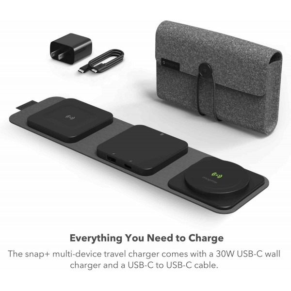 Mophie 3-in-1 Snap+ Travel Charger with Snap Adapter Μαγνητικός πολυφορτιστής ταξιδίου ισχύος 15W σε χρώμα μαύρο/γκρι