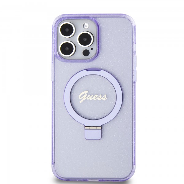 Guess MagSafe Ring Stand Glitter Hard Case Script Logo Θήκη προστασίας από σιλικόνη – iPhone 15 Pro Max (Διάφανη / Μωβ – GUHMP15XHRSGSU)