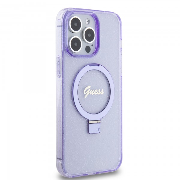 Guess MagSafe Ring Stand Glitter Hard Case Script Logo Θήκη προστασίας από σιλικόνη – iPhone 15 Pro Max (Διάφανη / Μωβ – GUHMP15XHRSGSU)