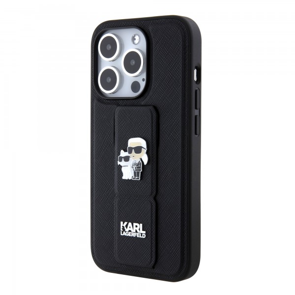 Karl Lagerfeld Karl + Choupette Metal Pin Saffiano Gripstand Case Θήκη προστασίας από δερματίνη – iPhone 15 Pro (Black – KLHCP15LGSAKCPK)