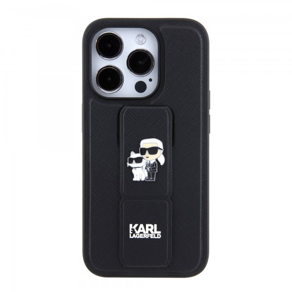 Karl Lagerfeld Karl + Choupette Metal Pin Saffiano Gripstand Case Θήκη προστασίας από δερματίνη – iPhone 15 Pro (Black – KLHCP15LGSAKCPK)