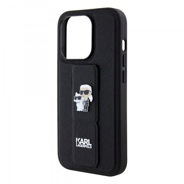 Karl Lagerfeld Karl + Choupette Metal Pin Saffiano Gripstand Case Θήκη προστασίας από δερματίνη – iPhone 15 Pro (Black – KLHCP15LGSAKCPK)