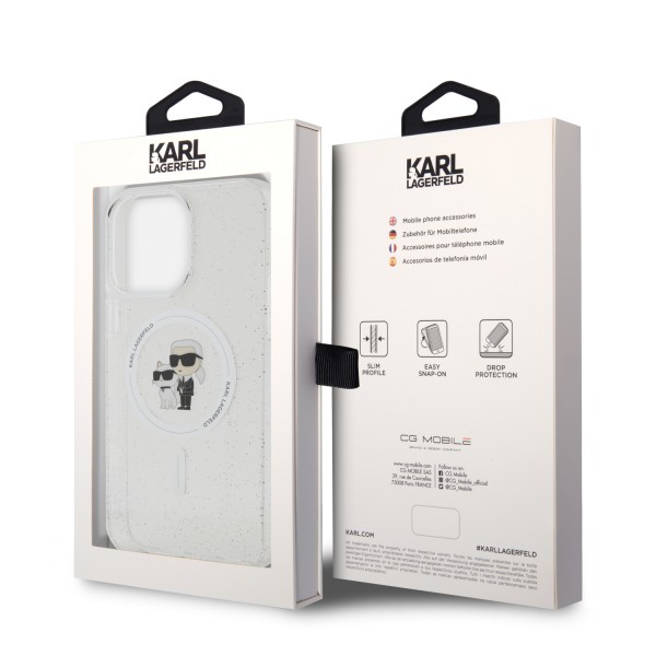 Karl Lagerfeld Magsafe Ringstand Case IML Karl+Choupette Θήκη προστασίας από σκληρό πλαστικό για iPhone 14 Pro Max (Glitter Clear – KLHMP14XHGKCNOT)