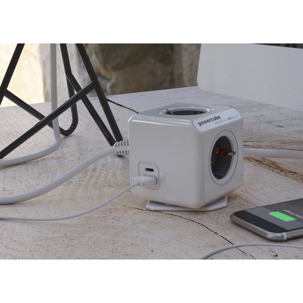 Allocacoc® PowerCube |Extended Duo USB A+C| Πολύπριζο 4 θέσεων & 1xUSB/1xUSB-C με καλώδιο επέκτασης 1,5 μέτρo - Γκρι - 10436/DEEUAC