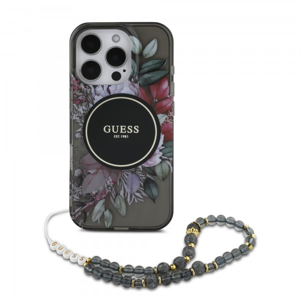 Guess “Flowers with Pearl Strap” Hard Case Θήκη προστασίας από σκληρό πλαστικό – iPhone 16 Pro Max (Μαύρο – GUHMP16XHFWBRCESK)