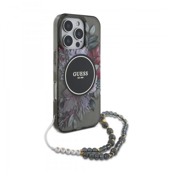 Guess “Flowers with Pearl Strap” Hard Case Θήκη προστασίας από σκληρό πλαστικό – iPhone 16 Pro Max (Μαύρο – GUHMP16XHFWBRCESK)