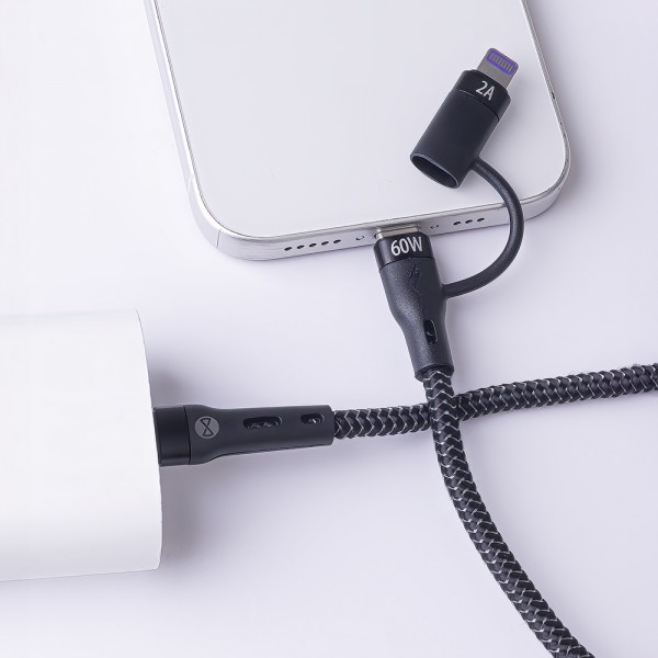 Forever 2in1 cable USB-C - Lightning + USB-C - Καλώδιο φόρτισης 2 σε 1 και μεταφοράς δεδομένων 1 μέτρου – 60W σε μαυρο χρώμα