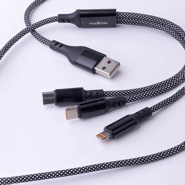 Maxlife ALLin1 cable - Καλώδιο φόρτισης και μεταφοράς δεδομένων  USB + USB-C - Lightning + 2x USB-C 1 μέτρου 66W - μαύρο (OEM0101379)