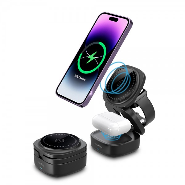 Maxlife MXWC-06 magnetic wireless charger - Μαγνητικός ασύρματος φορτιστής 3 σε 1 μέγιστης ισχύος 15W σε μαύρο χρώμα