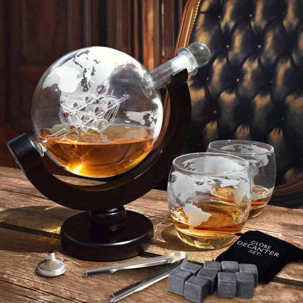 Globe Decanter Set - Μοναδικό Σετ Καράφας και Ποτηριών με Υφή Υδρογείου