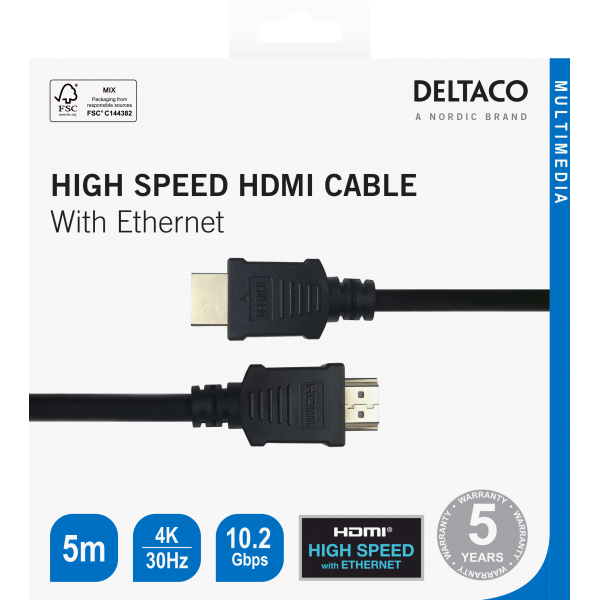 Deltaco Καλώδιο HDMI Αρσενικό σε HDMI Αρσενικό 4K 30Hz με Ethernet 10.2Gbps 5m Μαύρο HDMI-1050-R