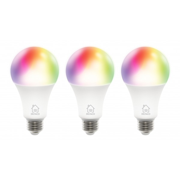 Deltaco Smart Home RGB Λάμπα LED E27 WiFI 9W 16mil colors Σετ 3 τμχ SH-LE27RGB-3P