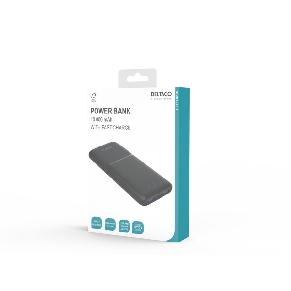 Deltaco Power bank 10 000 mAh, 2x USB-A 18 W, 1x USB-C PD 20 W, Pass-through Charging Μαύρο PB-C1007