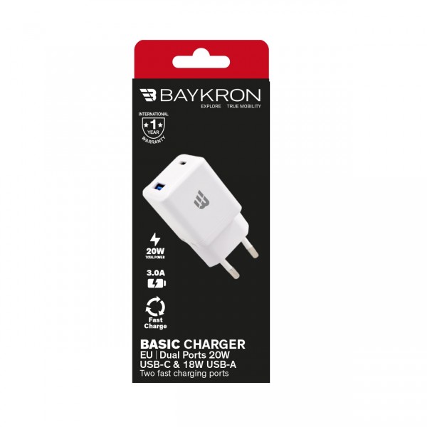 Baykron Φορτιστής Basic Wall Charger EU USB-A, Type C 20W PD QC3 Λευκός BKR-BL-20W-EU-W