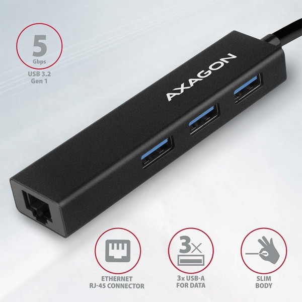 Axagon USB-A 3.2 HUB 3x USB-A + Ethernet Gigabit LAN, 20cm Μεταλλικό Μαύρο HMA-GL3A