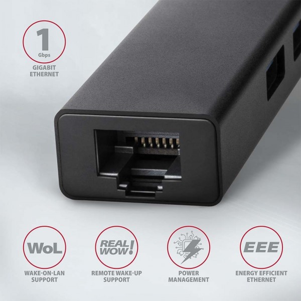 Axagon USB-A 3.2 HUB 3x USB-A + Ethernet Gigabit LAN, 20cm Μεταλλικό Μαύρο HMA-GL3A