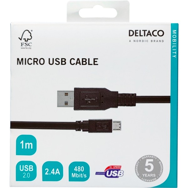 Deltaco Καλώδιο Φόρτισης USB-A σε Micro USB 1m, USB 2.0, Μαύρο MICRO-101