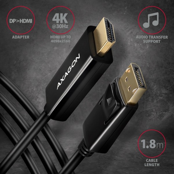 Axagon Καλώδιο DisplayPort Αρσενικό σε HDMI 1.4 Αρσενικό 1.8m 4K/30Hz RVD-HI14C2