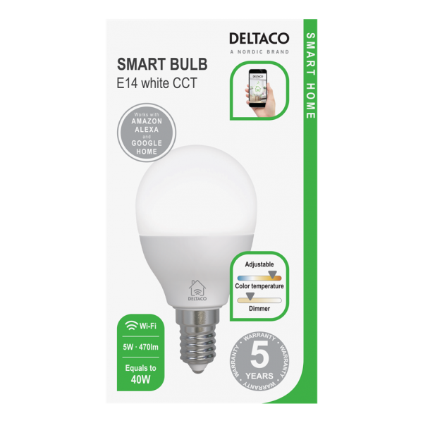 Deltaco Smart Home Λάμπα LED E14 G45 WiFI 5W dimmable Λευκή SH-LE14G45W