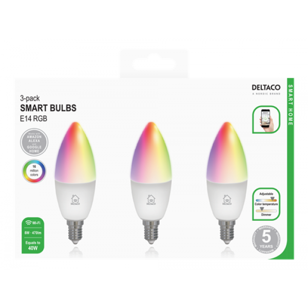 Deltaco Smart Home Λάμπα LED E14 WiFI 5W RGB dimmable Λευκή Σετ 3 τμχ 220-240V SH-LE14RGB-3P