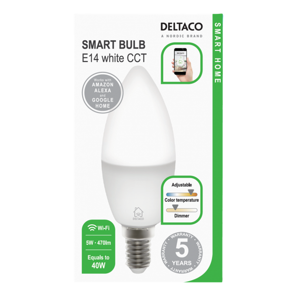 Deltaco Smart Home Λάμπα LED E14 WiFI 5W 2700K-6500K dimmable Λευκή SH-LE14W