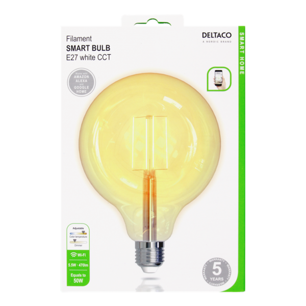 Deltaco Smart Home Λάμπα LED E27 WiFI 5.5W 1800K-6500K SH-LFE27G125