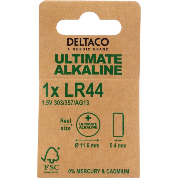 DELTACO Ultimate Αλκαλική Μπαταρία 1.5V LR44 button cell 1 τεμάχιο Οικολογική FSC Συσκευασία ULT-LR44-1P