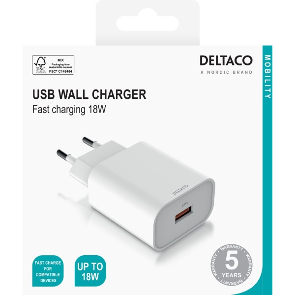 Deltaco Wall Charger, 1x USB-A, Fast Charging 18 W, Λευκός USB-AC182