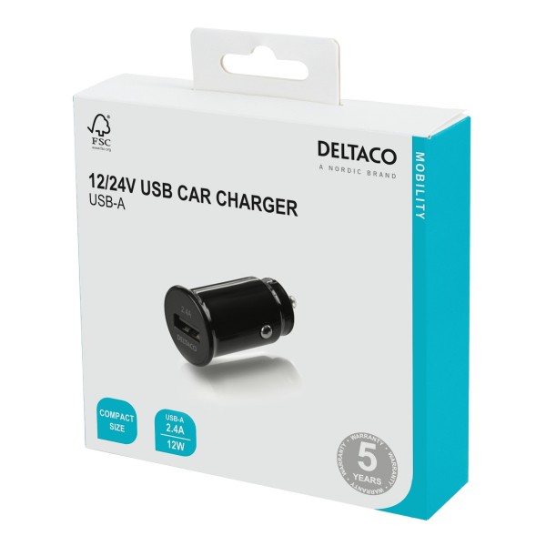 Deltaco Φορτιστής Αυτοκινήτου 12/24V 1x USB-A 2,4A 12W Μαύρος USB-CAR123