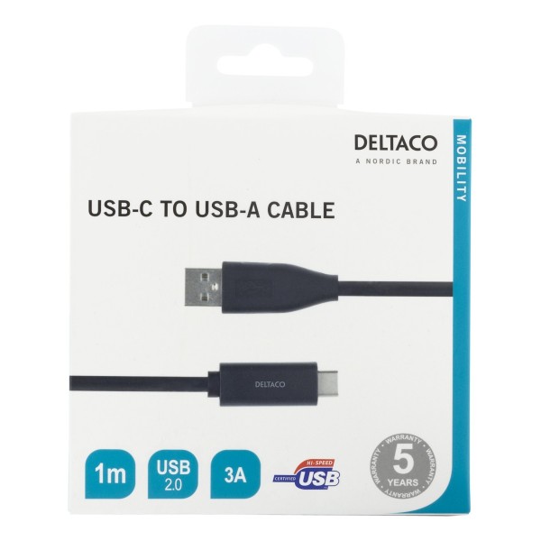 Deltaco Καλώδιο Φόρτισης USB-A σε Type C 3A, USB 2.0, 1m Μαύρο USBC-1004M