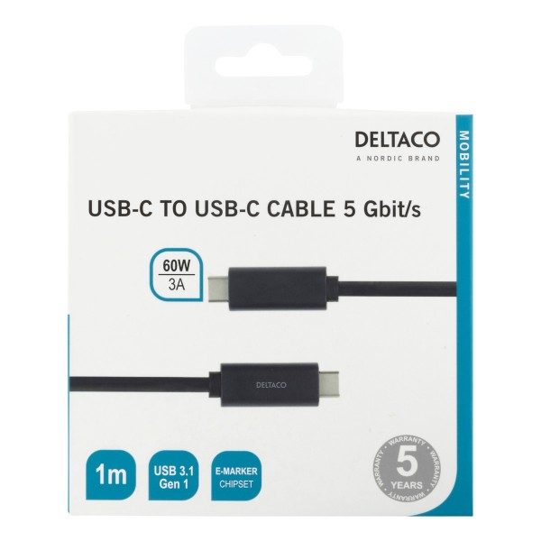 Deltaco Καλώδιο Φόρτισης Type C σε Type C, 3Α, 60W, USB 3.1, E-Marker, 1m Μαύρο USBC-1054M