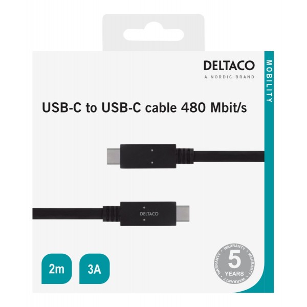 Deltaco Καλώδιο Φόρτισης Type C σε Type C, 3A, USB 2.0, 2m Μαύρο USBC-2002M