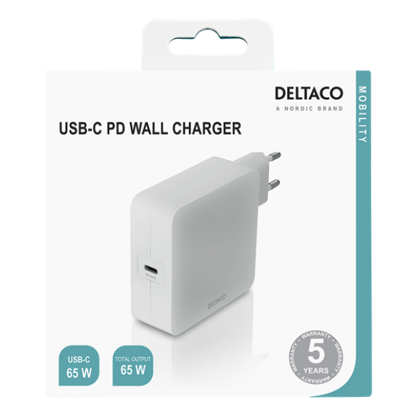 Deltaco USB-C wall charger 65 W, white USBC-AC140