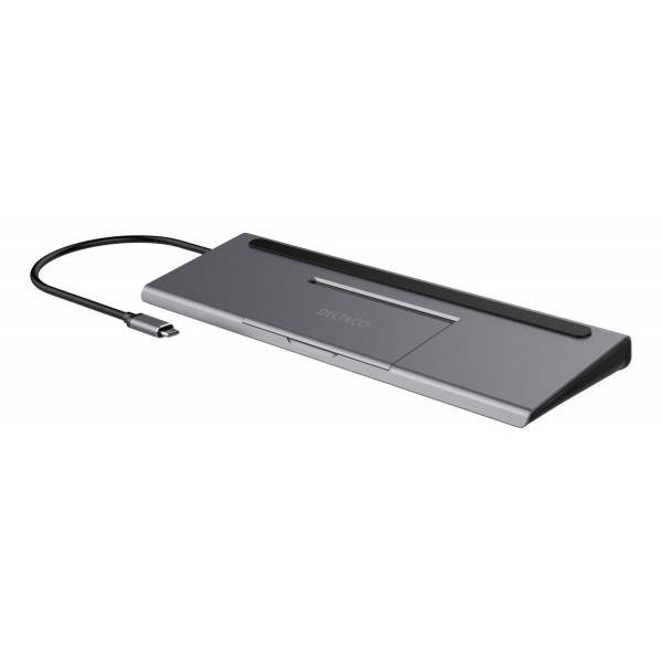 Deltaco USB-C Docking Station, USB-C Power Deliver 85 W, 4K UHD @ 60Hz, DP, HDMI, VGA, RJ45, 3.5mm, 1 Gbit/s, Γκρι USBC-DOCK2