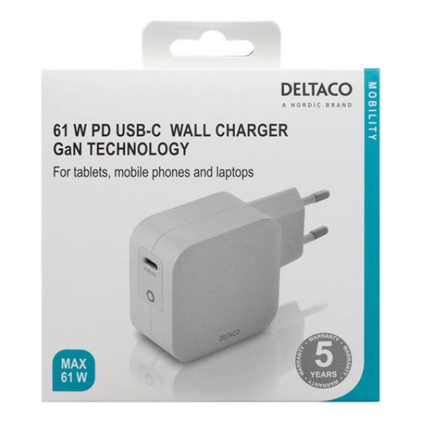 Deltaco USB-C wall charger, GaN technology,  total 61 W USBC-GAN02