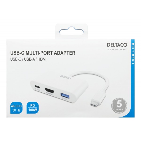 Deltaco Αντάπτορας USB-C to HDMI/USB A, 4K 30Hz, USB-C PD 3,0 100W, Λευκός USBC-HDMI23