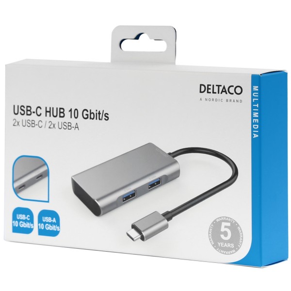 Deltaco Type C Hub 2x Type C, 2x USB-A Space Grey USBC-HUB201