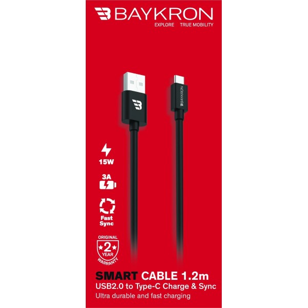 Baykron Καλώδιο Smart USB 2.0 male σε Type-C male Charge & Sync 5V 15W 3A Μαύρο 1.2m BKR-SL-TC-BLK1.2